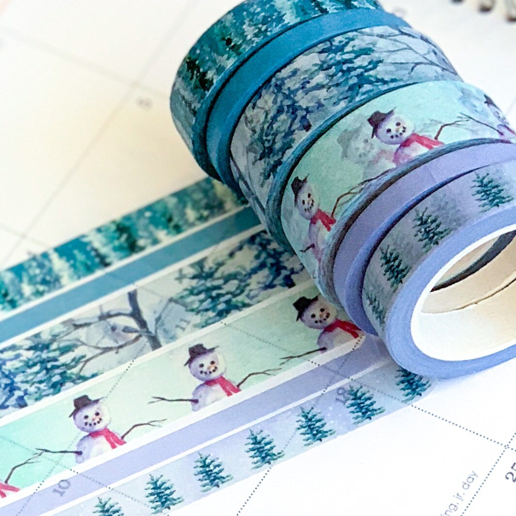 Winter Snowman Snowy Trees Forest Periwinkle Washi Tape Set (#W006)