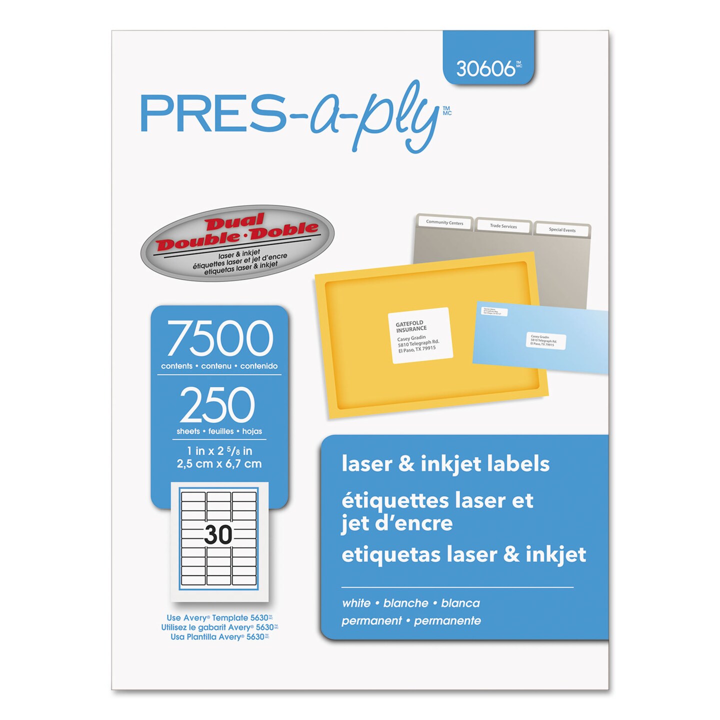 Avery Labels Laser Printers 1 x 2.63 White 30/Sheet 250 Sheets/Box