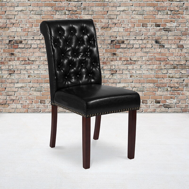 Flash Furniture HERCULES Series Black LeatherSoft Parsons Chair with Rolled Back, Accent Nail Trim and Walnut Finish