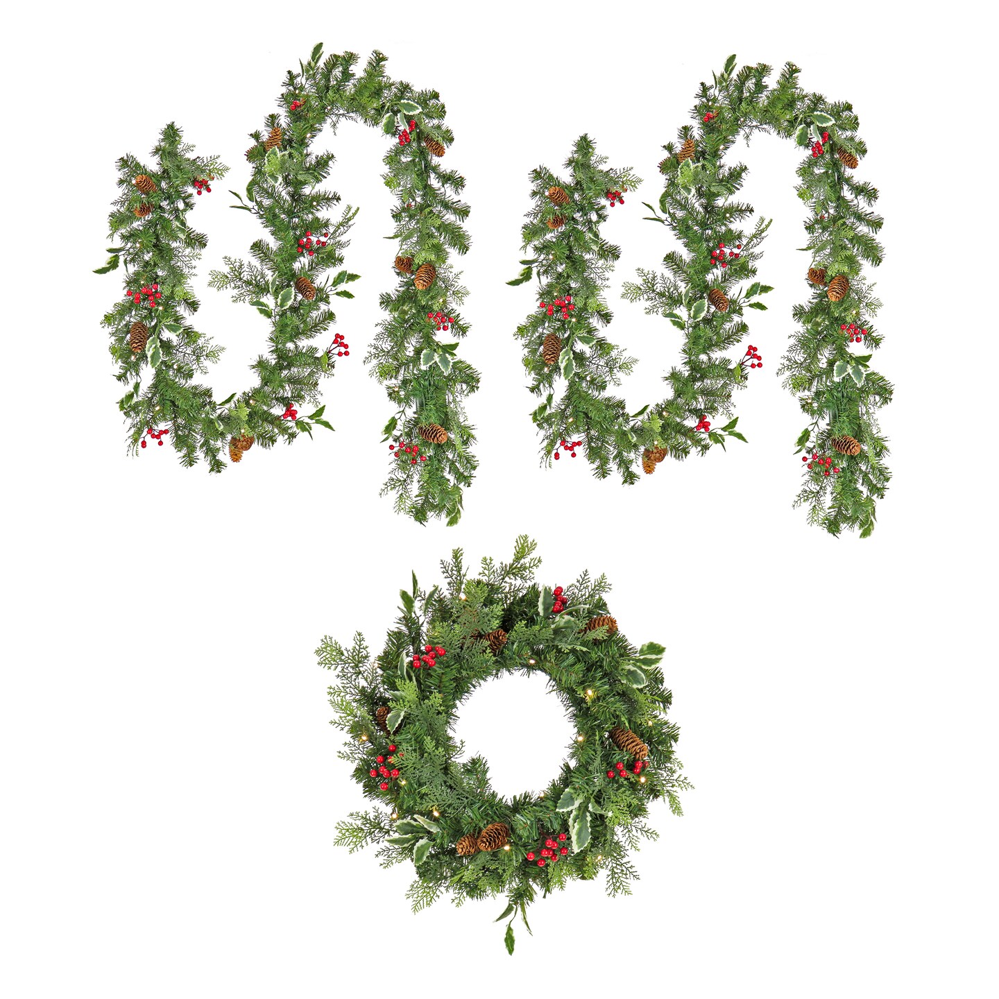 National Tree Company First Traditions Pre-Lit Christmas Wreath and Two Garlands with Berries and Pinecones, Warm White LED Lights, Battery Operated, 9 ft