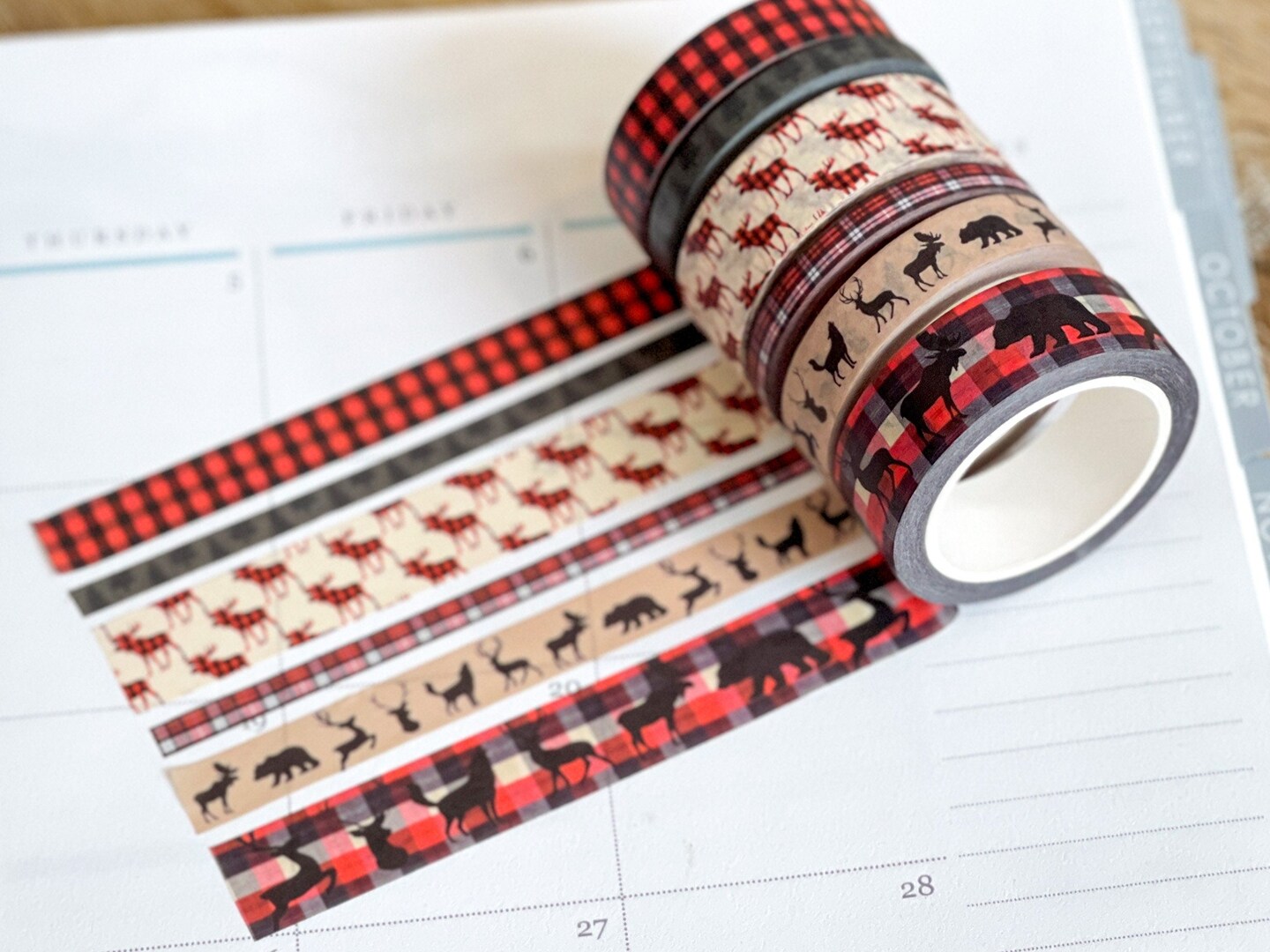Christmas Buffalo Plaid Deer Holiday Red &#x26; Black Washi Tape Set (#W038)