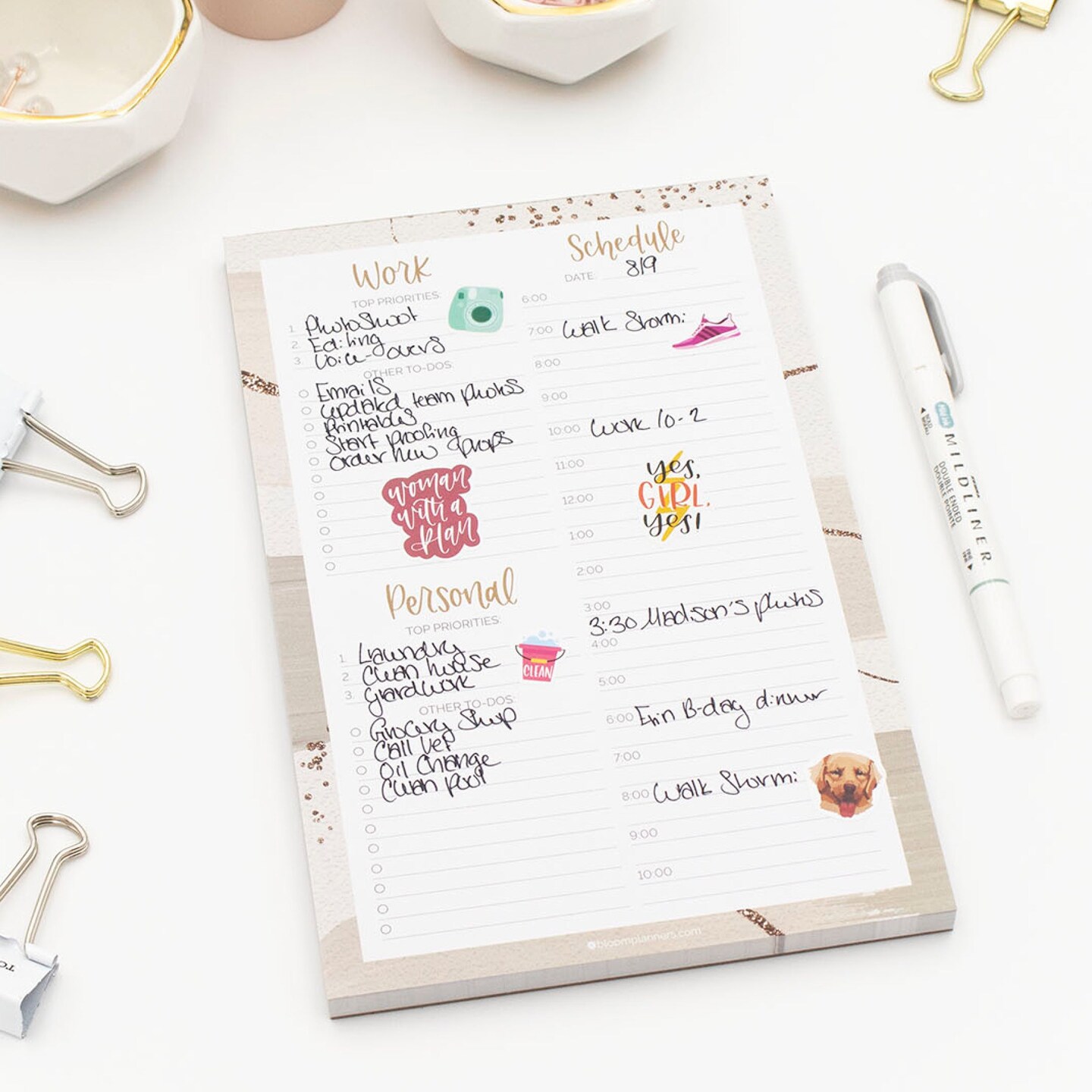 bloom daily planners Planning Pad, 6&#x22; x 9&#x22;, Timed Work &#x26; Personal To-Do List, Brushed Beige