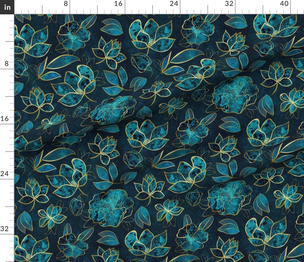 Turquoise Blossom Floral Aqua Teal Elegance Fancy Botanical Large Scale Custom Printed Fabric by Spoonflower Various Fabrics by the Yard or Fat Quarter