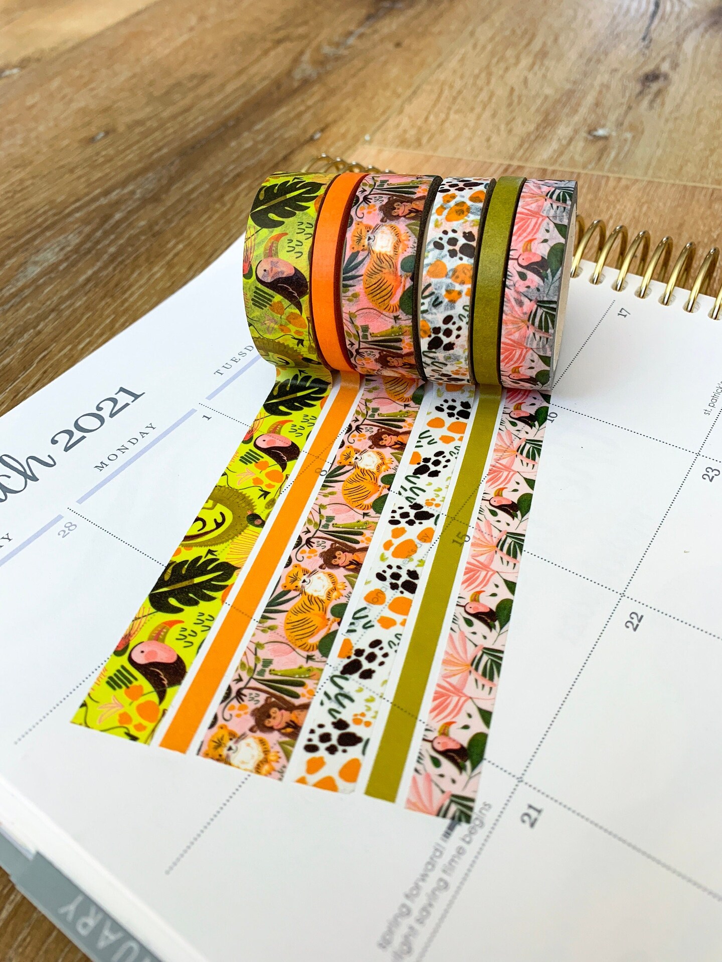 Jungle Lush Tropical Tigers Monkeys Birds & Zebras Green & Orange Washi Tape Set (#W020)