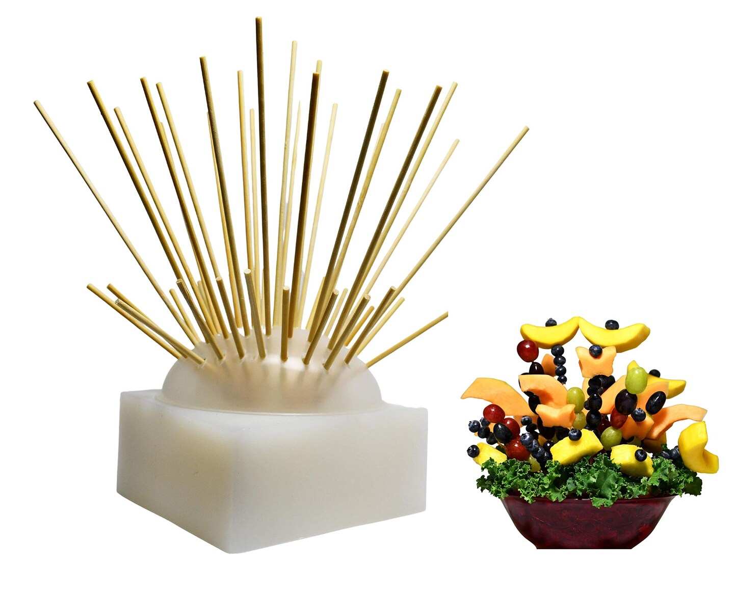 Skewer Food Server, The Stylish Square Set Includes 100 All Natural Bamboo Skewers to display bite-sized fruits, vegetables, meats, cheese, desserts, and other appetizers.