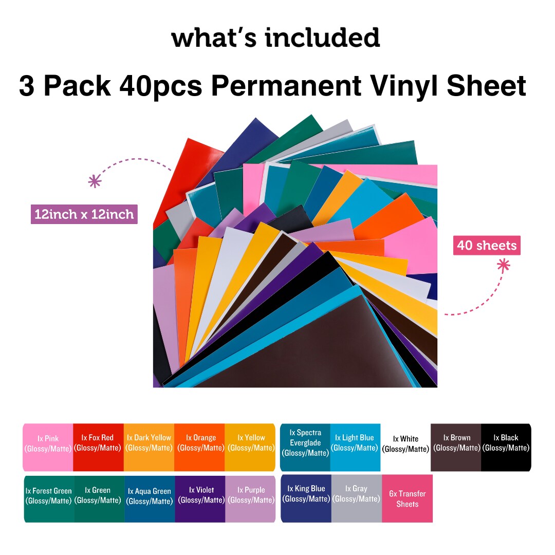Incraftables Permanent Vinyl Sheets (40pcs). Bulk Permanent Vinyl for  Cricut Machine with Glossy, Matte & Transfer Sheets. Multicolor Self  Adhesive Vinyl Sheets Sticker Paper Bundle for DIY Crafts