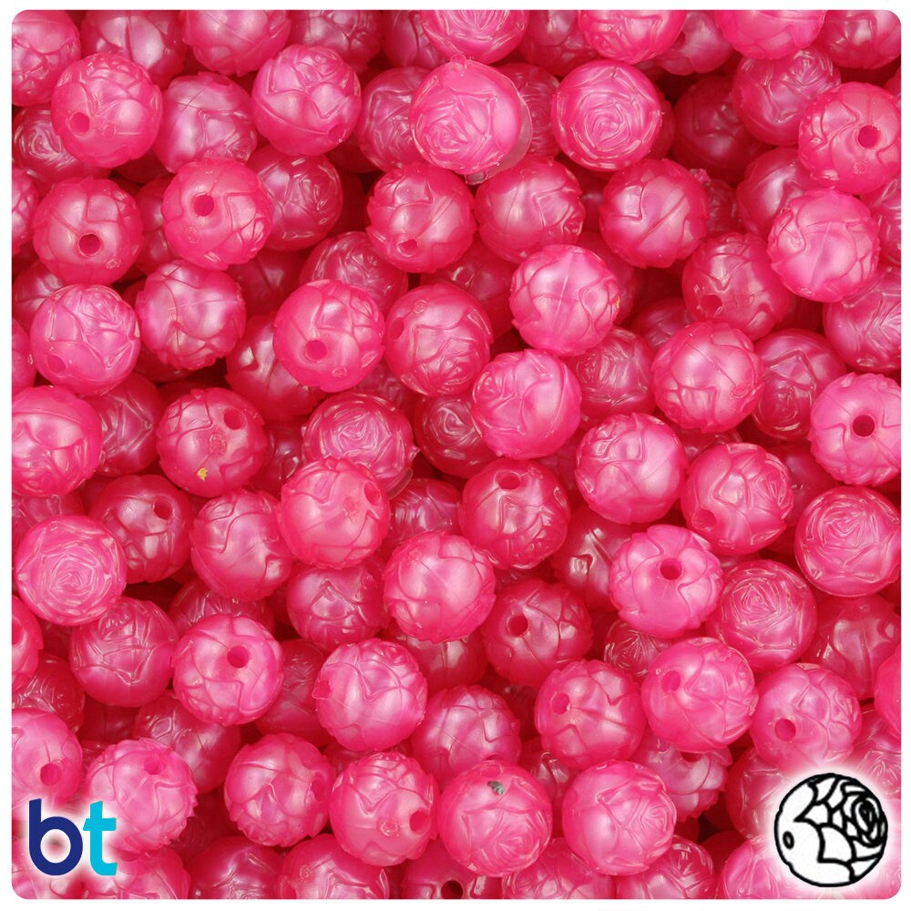 BeadTin Hot Pink Pearl 9mm Rosebud Plastic Craft Beads (100pcs)