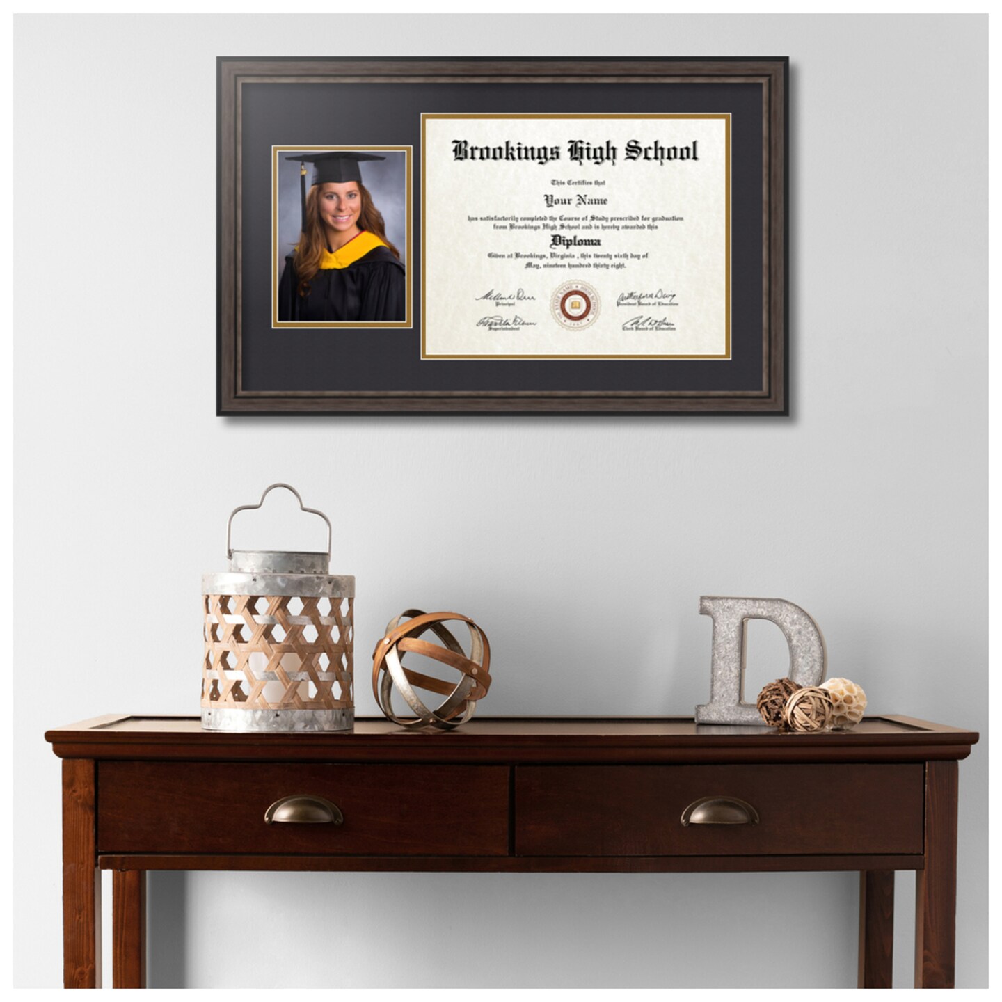 ArtToFrames 11x14 inch Diploma Frame with 6" x 8" Inch Image Opening - Framed with Black and Gold Mats, Comes with Regular Acrylic and Sawtooth Hanger for Wall Hanging (DT-11x14)