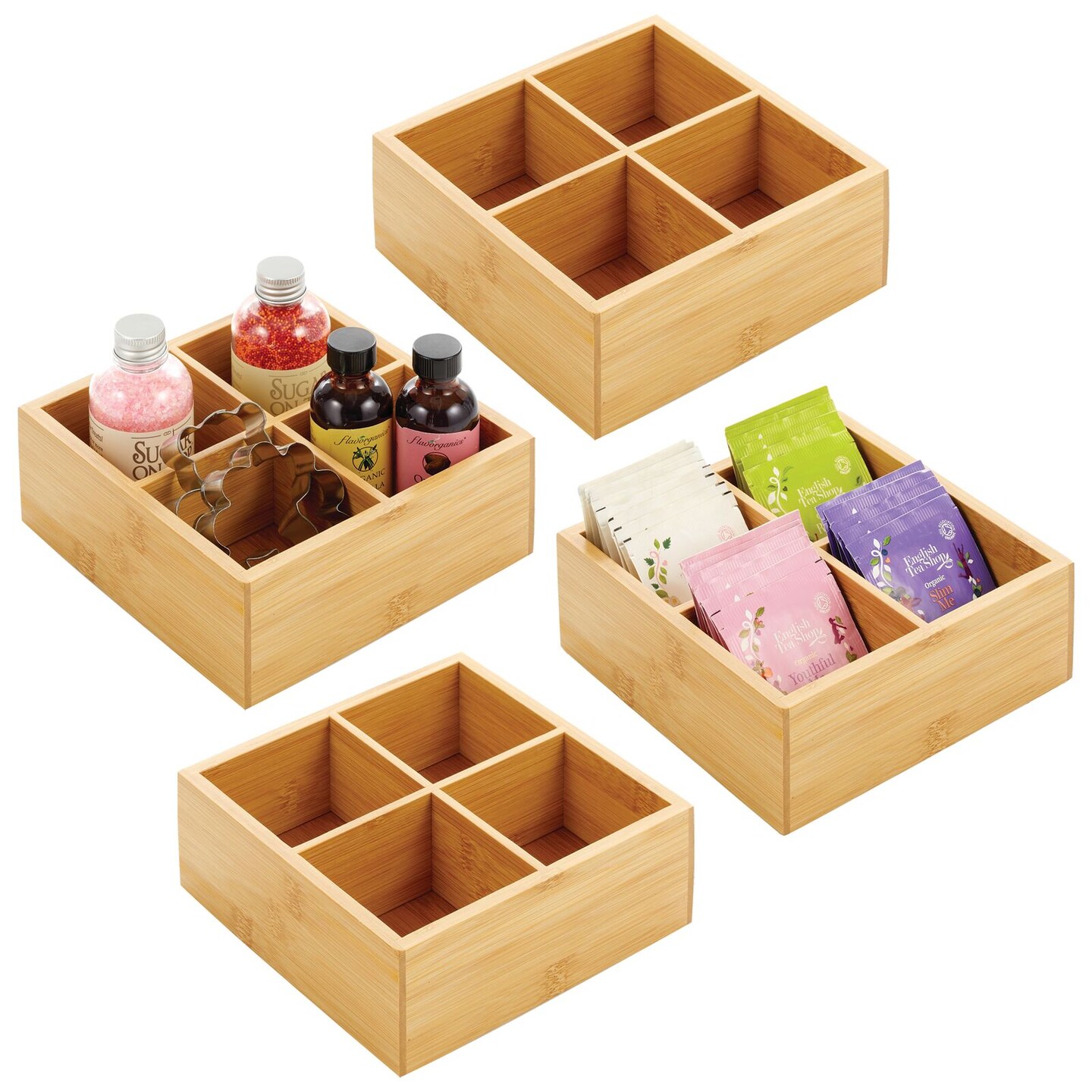 mDesign Slim Bamboo Wood Food Storage Organizer Bin 3 Sections, Natural