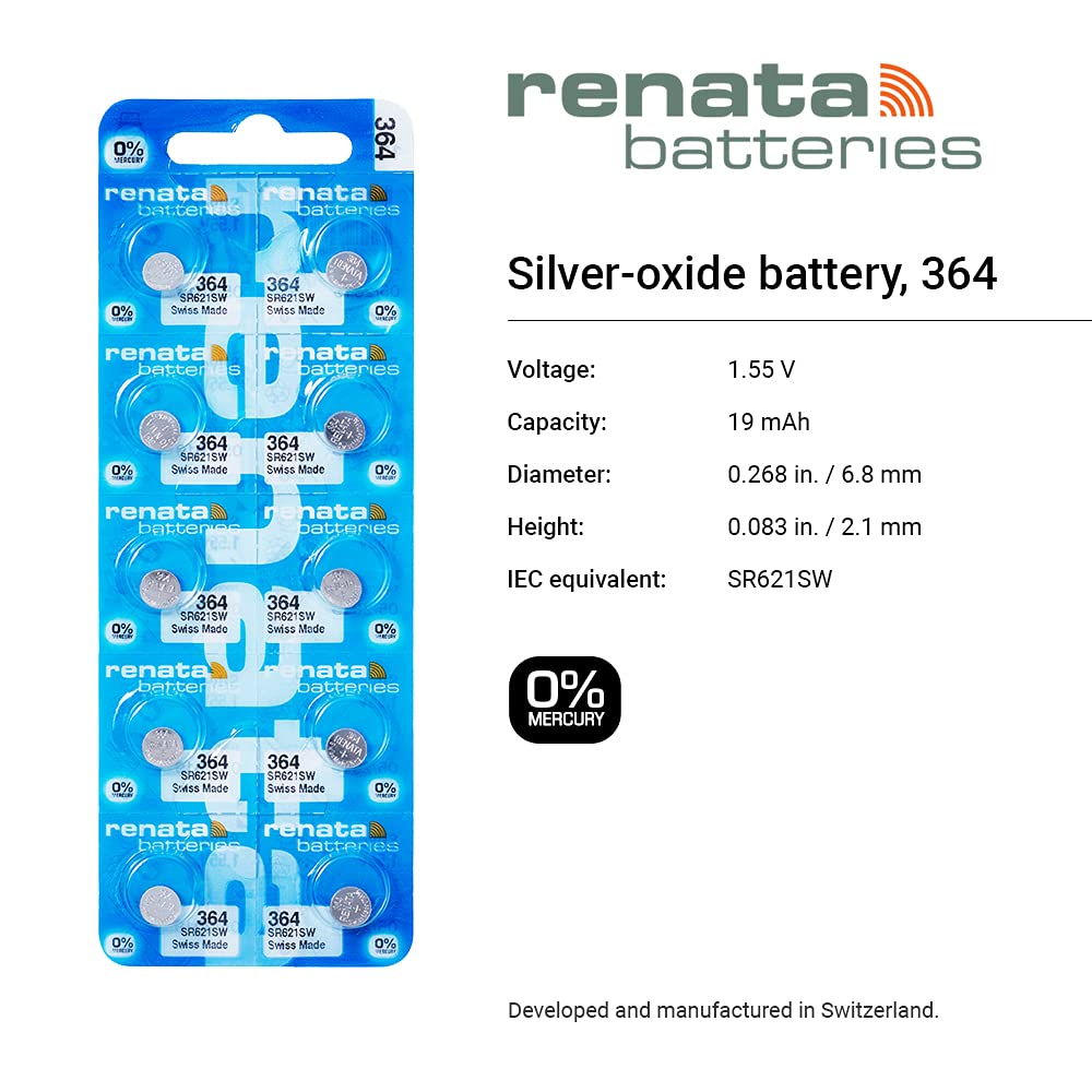 renata 364 SR621SW 10PACK X 10PCS=100 Silver 1.55V Watch battery Made in swiss
