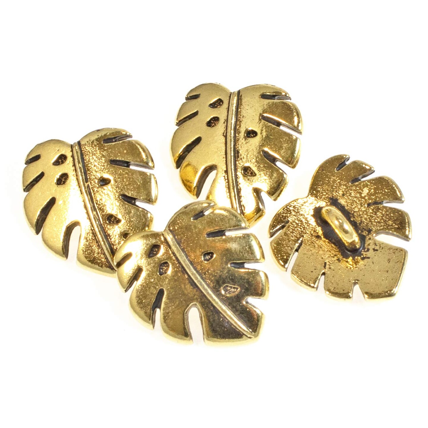 Gold Monstera Leaf Buttons, TierraCast Leather Clasp + Shank Back 4/Pkg