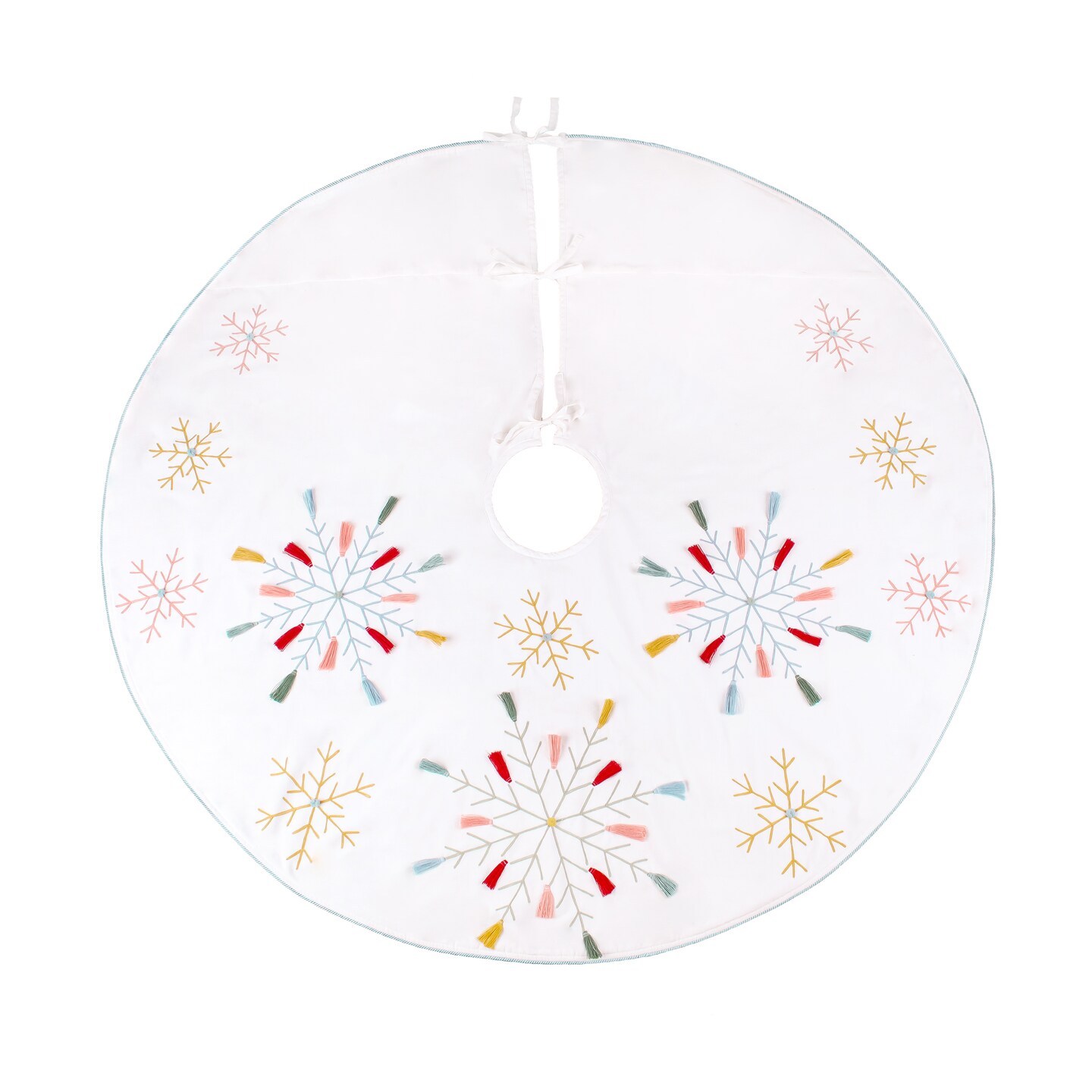HGTV Home Collection by National Tree Company Christmas Tree Skirt, White, Velvet, Embroidered Multicolor Snowflake Accents, Tassles, Boho , Split Seam, String Ties, 54 Inch
