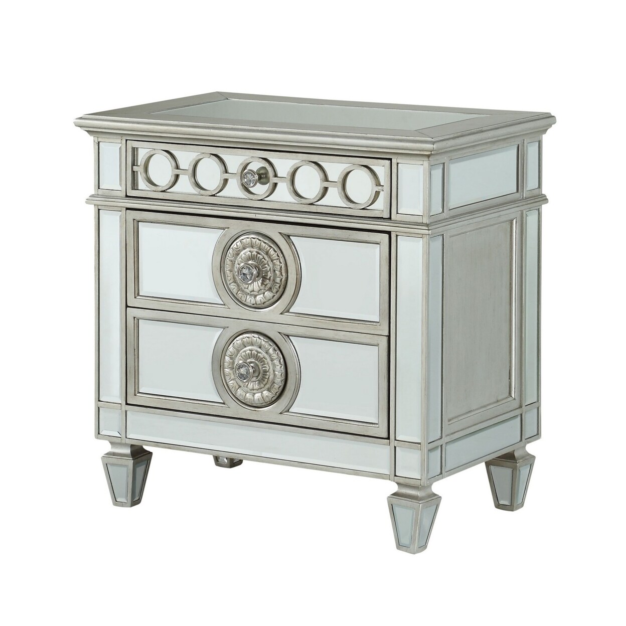 Saltoro Sherpi Mirror Accented Wooden Nightstand with 3 Storage Drawers, Silver-
