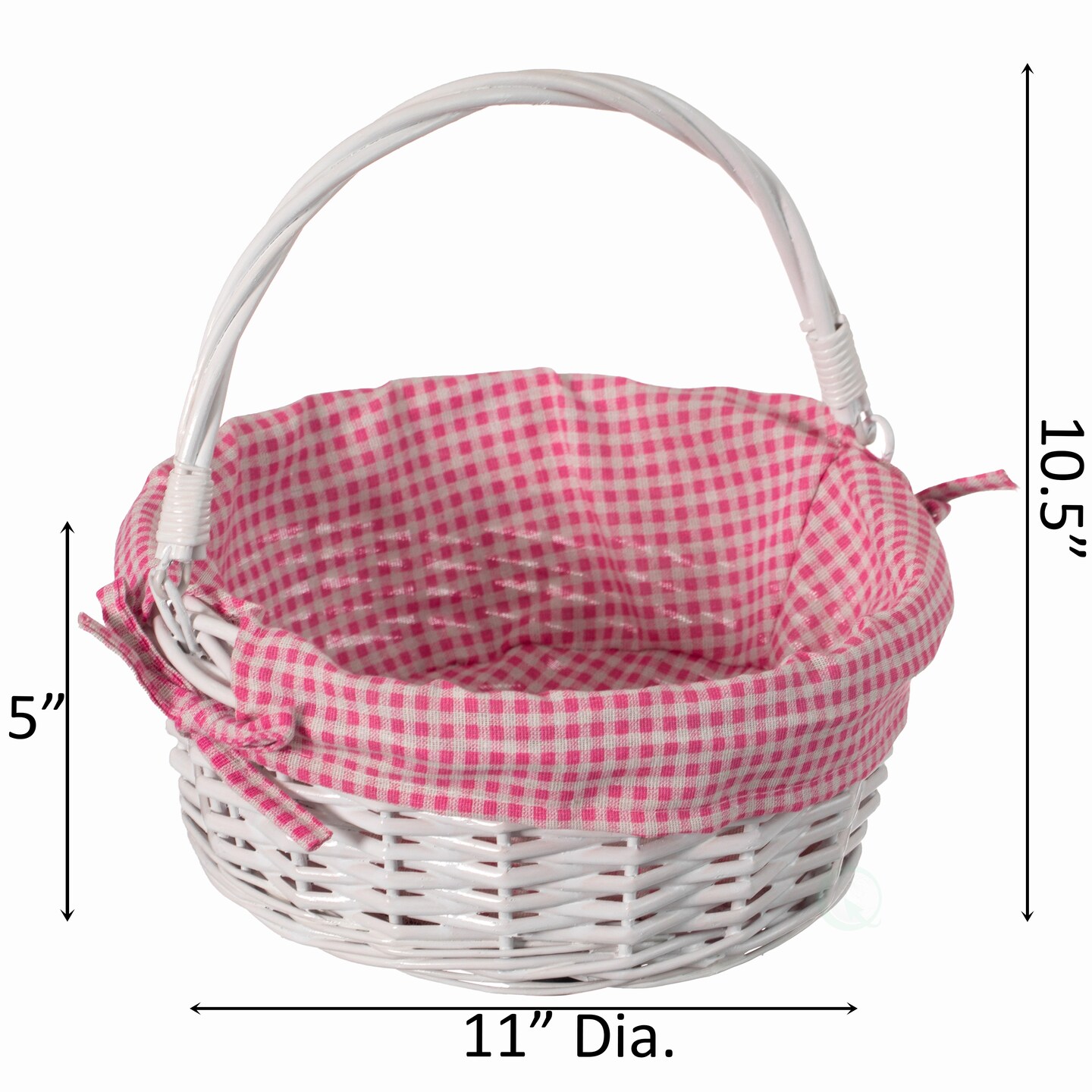 Traditional White Round Willow Gift Basket with Gingham Liner and Sturdy Foldable Handles, Food Snacks Storage Basket