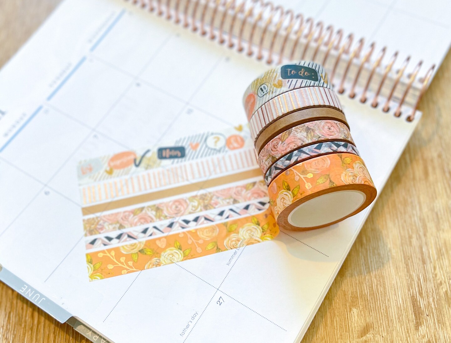 FOILED Peach Floral &#x26; Rose Gold Stripes Washi Tape Set (#W060)