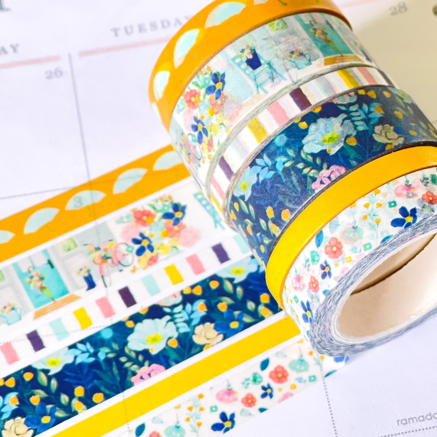 Spring Floral Yellow & Navy Blue Rain & Umbrellas Flowers Washi Tape Set (#W021)