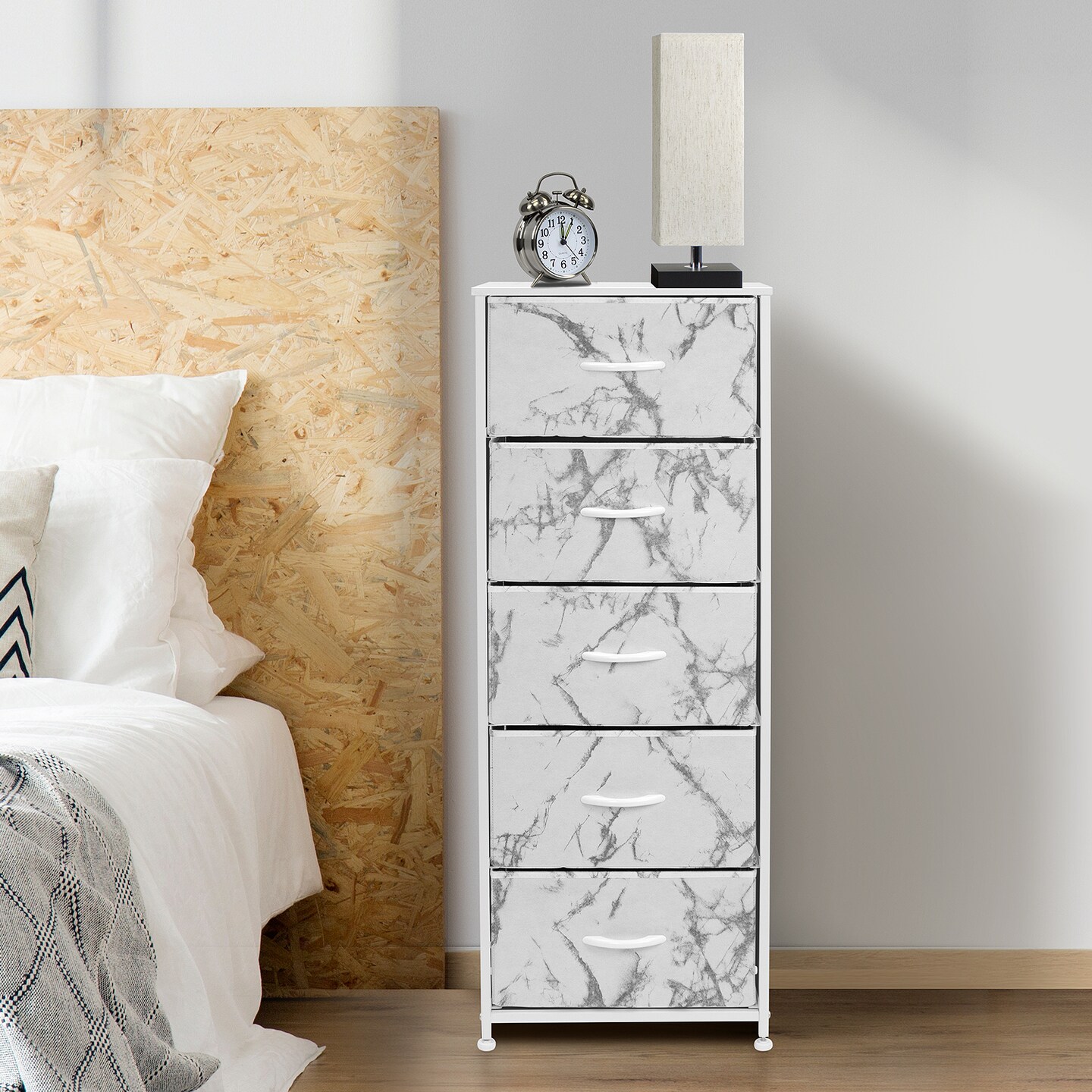 Sorbus Narrow 5 Drawers Nightstand with Steel Frame, Wood Top, Easy Pull Fabric Bins for Home, Bedroom, Office & Dorm