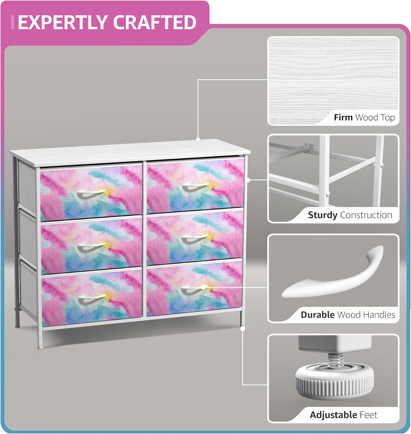Sorbus 6 Drawers Dresser- Storage Unit with Steel Frame, Wood Top, Fabric Bins - for Bedroom, Closet, Office and more