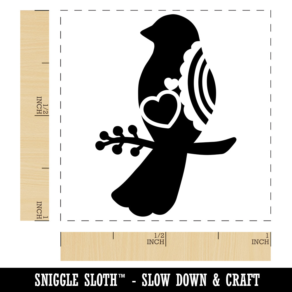 Bird Sitting on a Branch Heart and Scallop Details Self-Inking Rubber ...