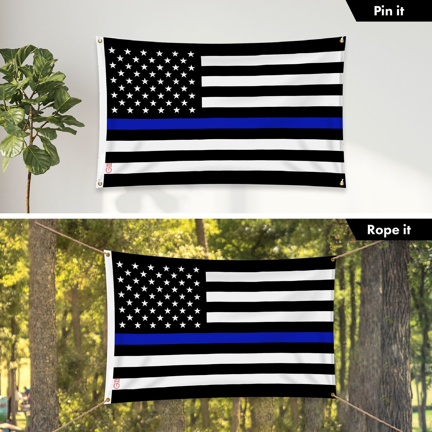 G128 Combo Pack: 6 Ft Tangle Free Aluminum Spinning Flagpole (Black) &#x26; Thin Blue Line Flag 3x5 Ft, LiteWeave Pro Series Printed 150D Polyester, 4 Corner Brass Grommets | Pole with Flag Included