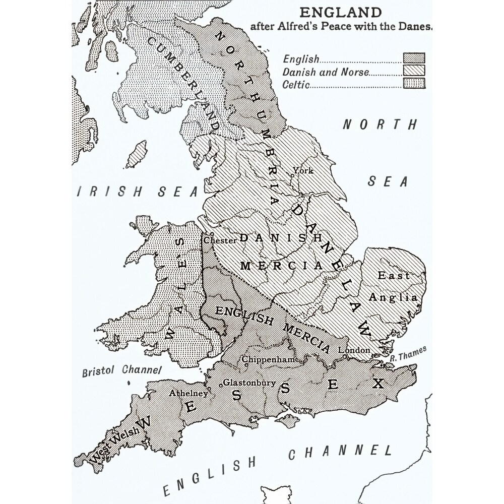 A Map Of England After King Alfreds Peace With The Danes In The 9Th Century. From A First Book Of British History