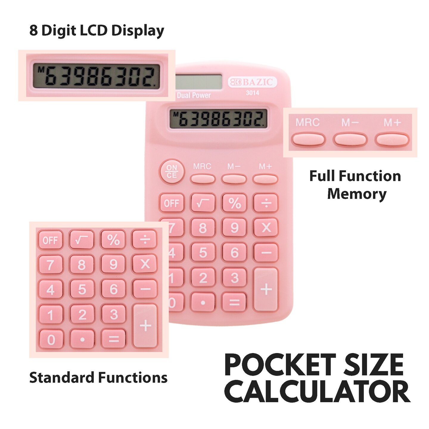 BAZIC Pocket Size Pastel Color Calculator 8-Digit Dual Power