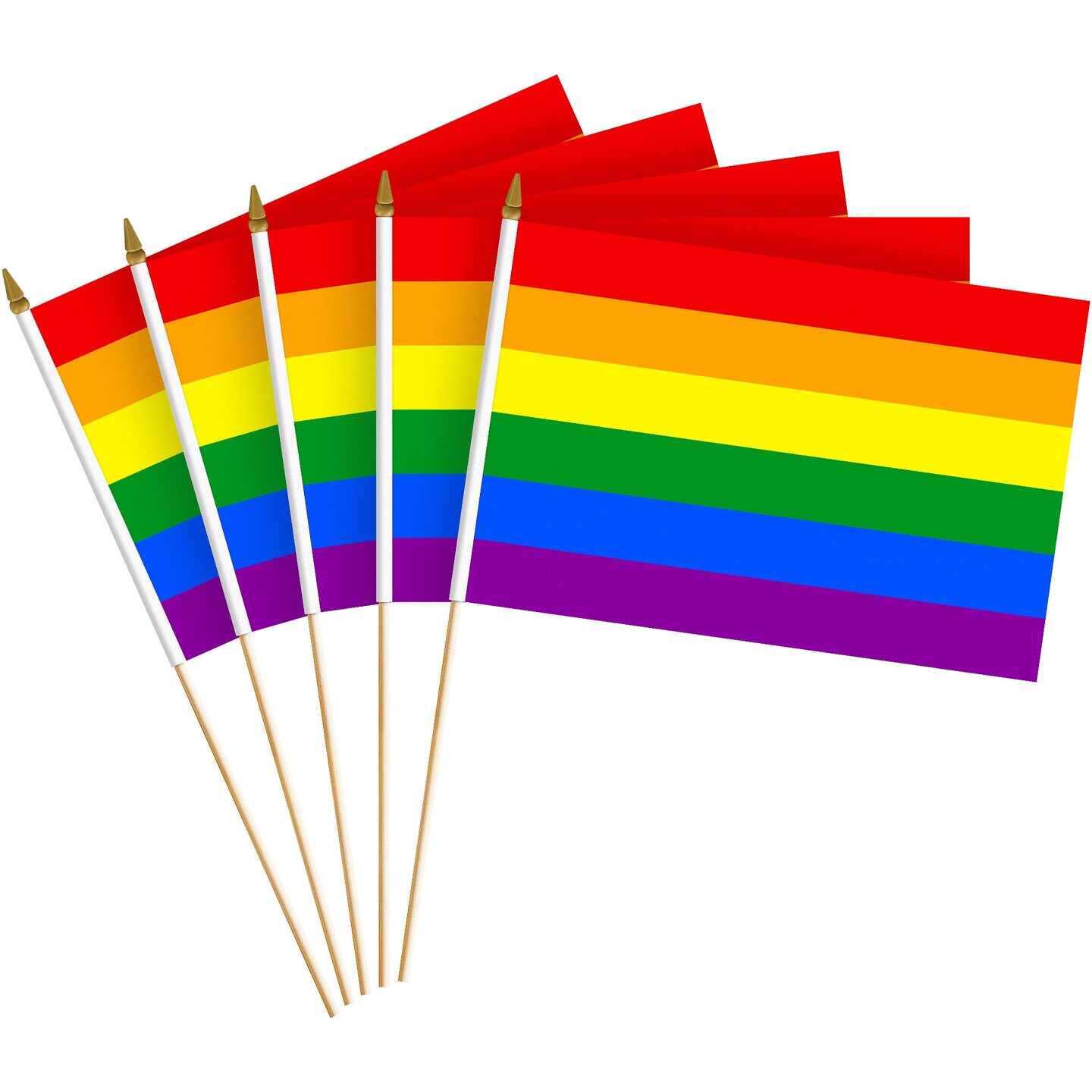 G128 12 Pack Handheld LGBT Rainbow Pride Stick Flags | 8x12 In | Printed 150D Polyester, Social Flag, Solid Wooden Stick, Spear Gold Tip