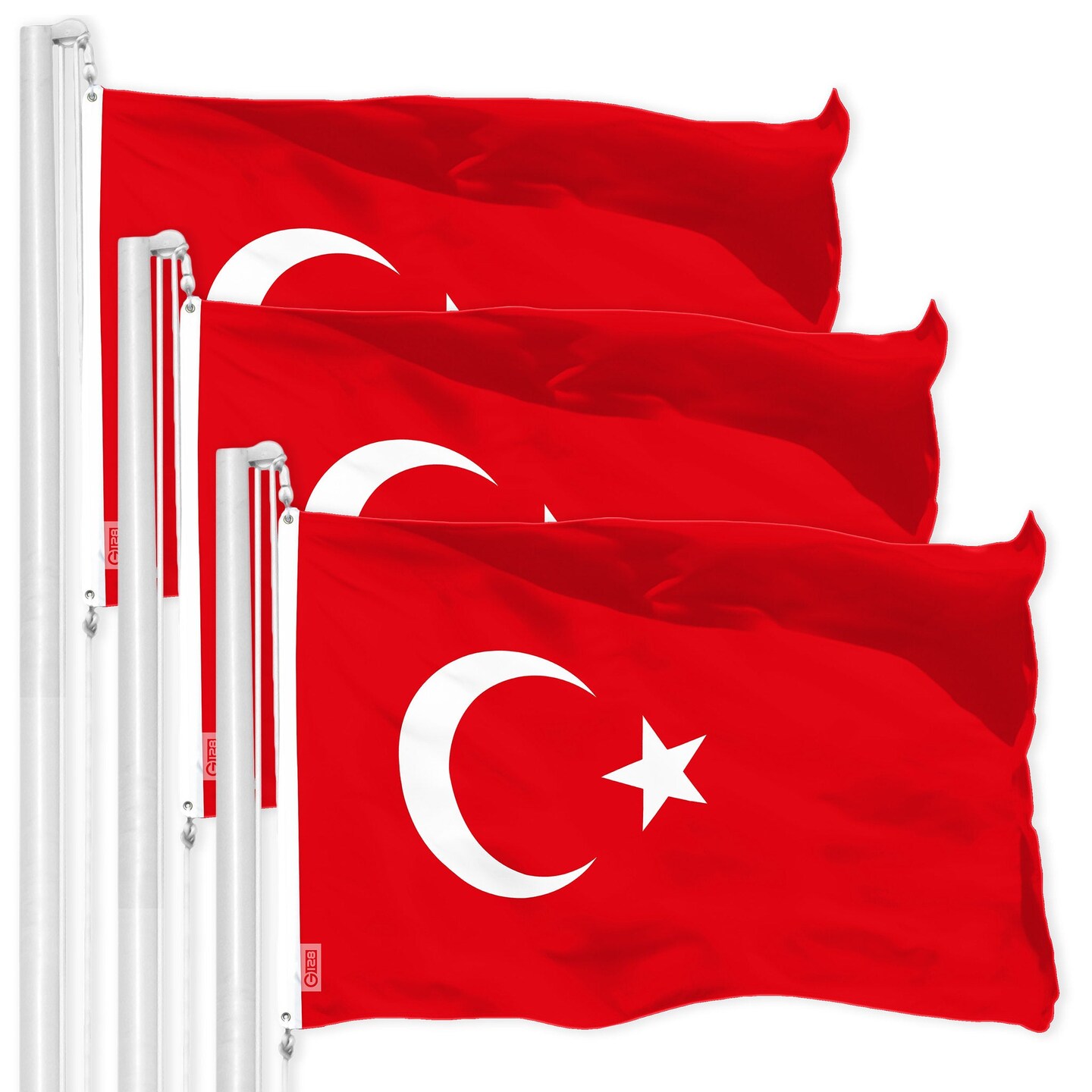 G128 3 Pack: Turkey Turkish Flag | 3x5 Ft | LiteWeave Pro Series Printed 150D Polyester | Country Flag, Indoor/Outdoor, Vibrant Colors, Brass Grommets, Thicker and More Durable Than 100D 75D Polyester