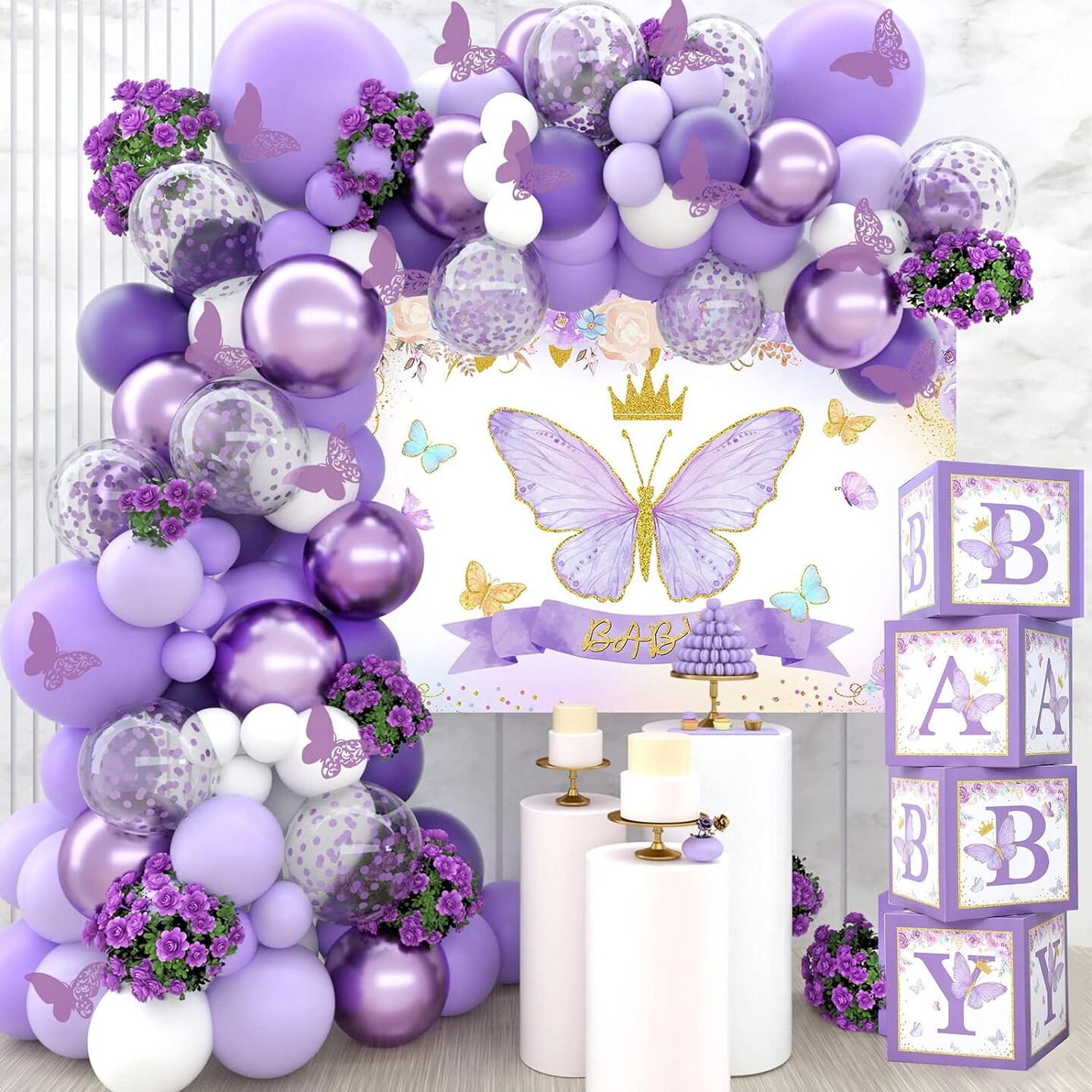Purple Butterfly Baby Shower Decorations for Girl,Purple Balloon Garland Arch Kit,Purple Butterfly Baby Boxes and Butterfly Backdrop Kit for Baby Shower Butterfly Birthday Lavender Party Decorations