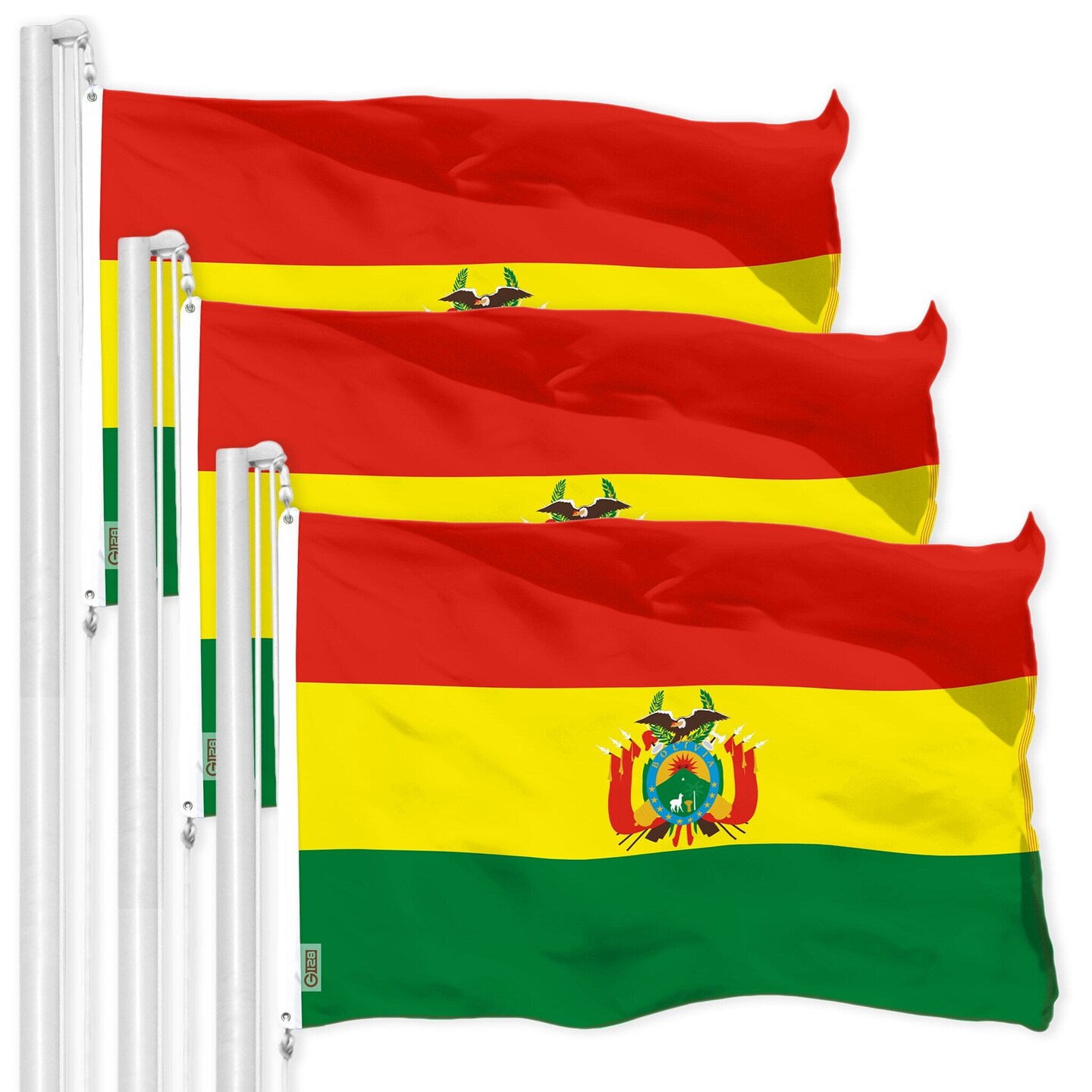 G128 3 Pack: Bolivia Flag | 3x5 Ft | LiteWeave Pro Series Printed 150D Polyester | Country Flag, Indoor/Outdoor, Vibrant Colors, Brass Grommets, Thicker and More Durable Than 100D 75D Polyester