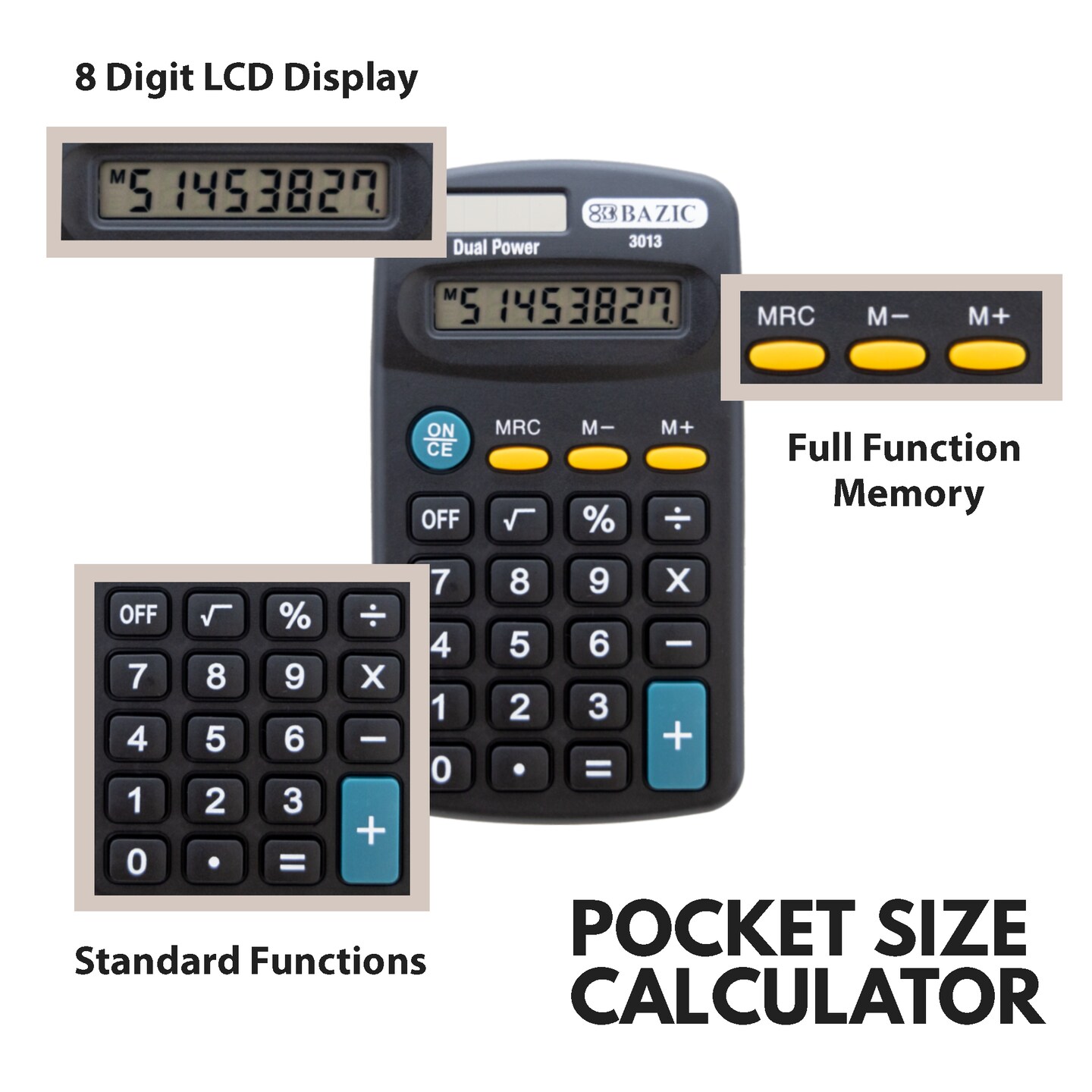 BAZIC Pocket Size Black Calculator 8-Digit Dual Power