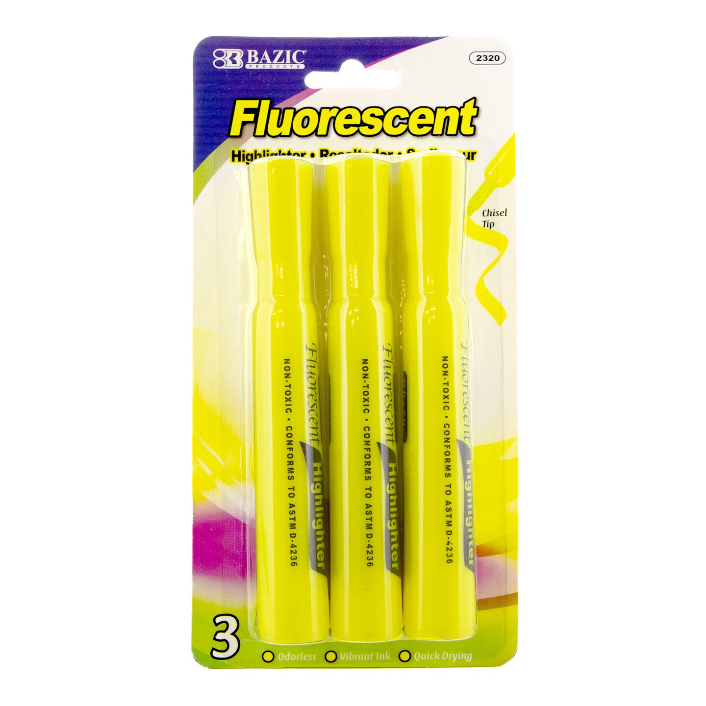 BAZIC Desk Style Fluorescent Highlighters Yellow (3/Pack)