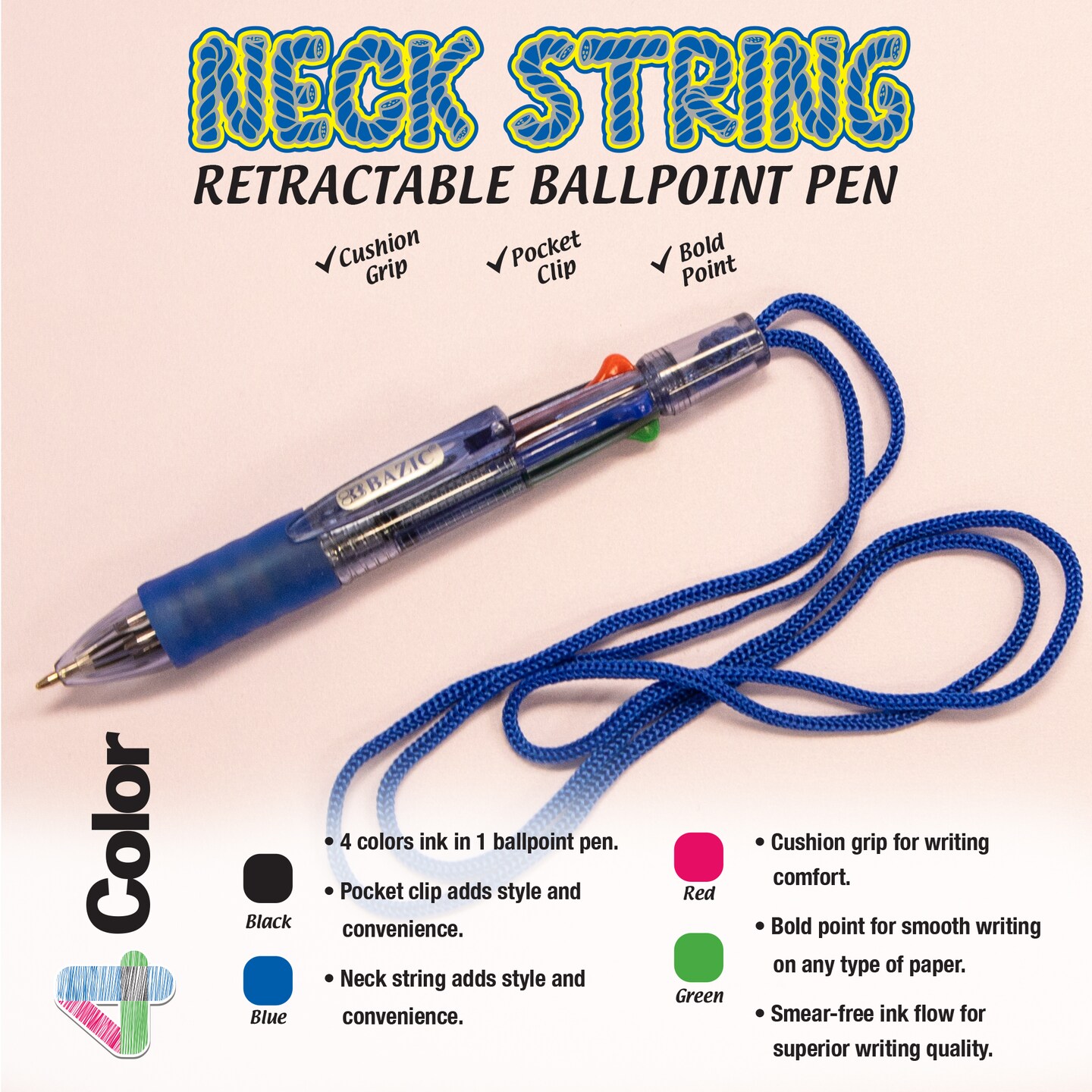 BAZIC 4-Color Neck Pen w/ Cushion Grip (1/Pack)