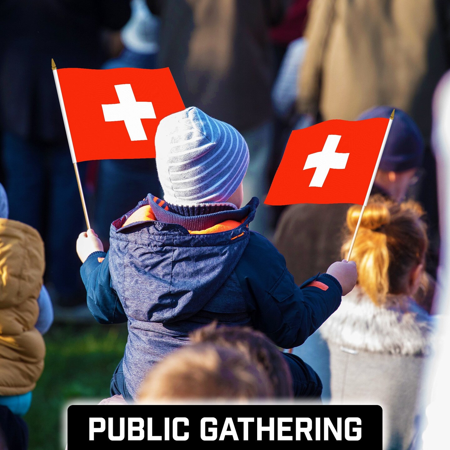 G128 50 Pack Handheld Switzerland Swiss Stick Flags | 12x18 In | Printed 150D Polyester, Country Flag, Solid Wooden Stick, Spear Gold Tip