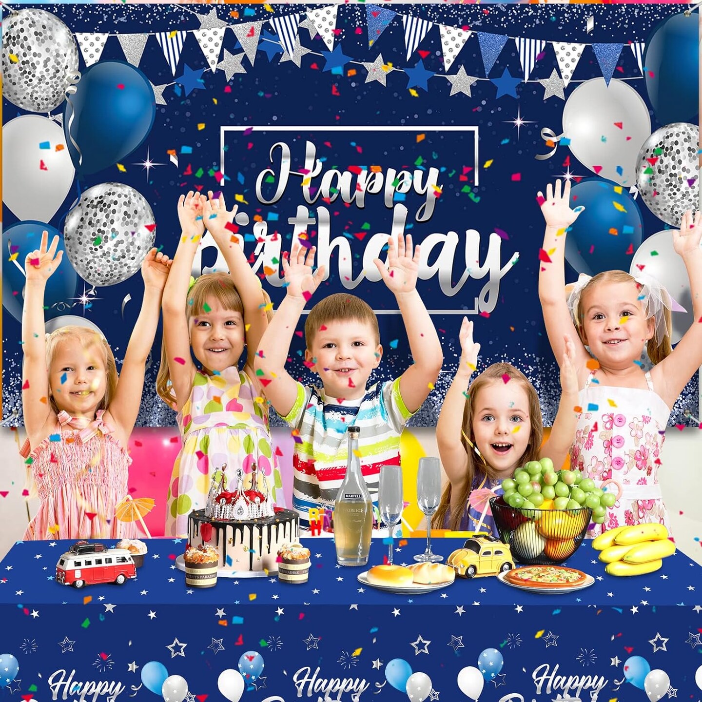 Navy Blue Birthday Party Decorations Blue Confetti Balloons Kit Happy Birthday Photography Backdrop Banner Tablecloths for Boys Girls Men Women Birthday Party Supplies Decor (Navy Blue and Silver)