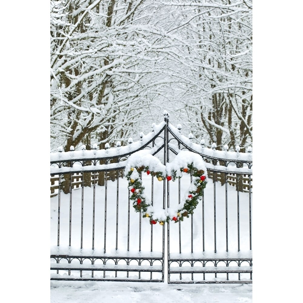 Fence Line And Fresh Snow With Trees Line Lane And Metal Gate With Christmas Wreath. Poster Print By Darrell Gulin
