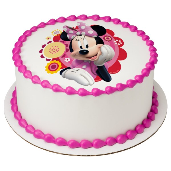 Disney Minnie Mouse Dots &#x26; Daisies Edible Cake Topper Image - 7.5&#x22; Round
