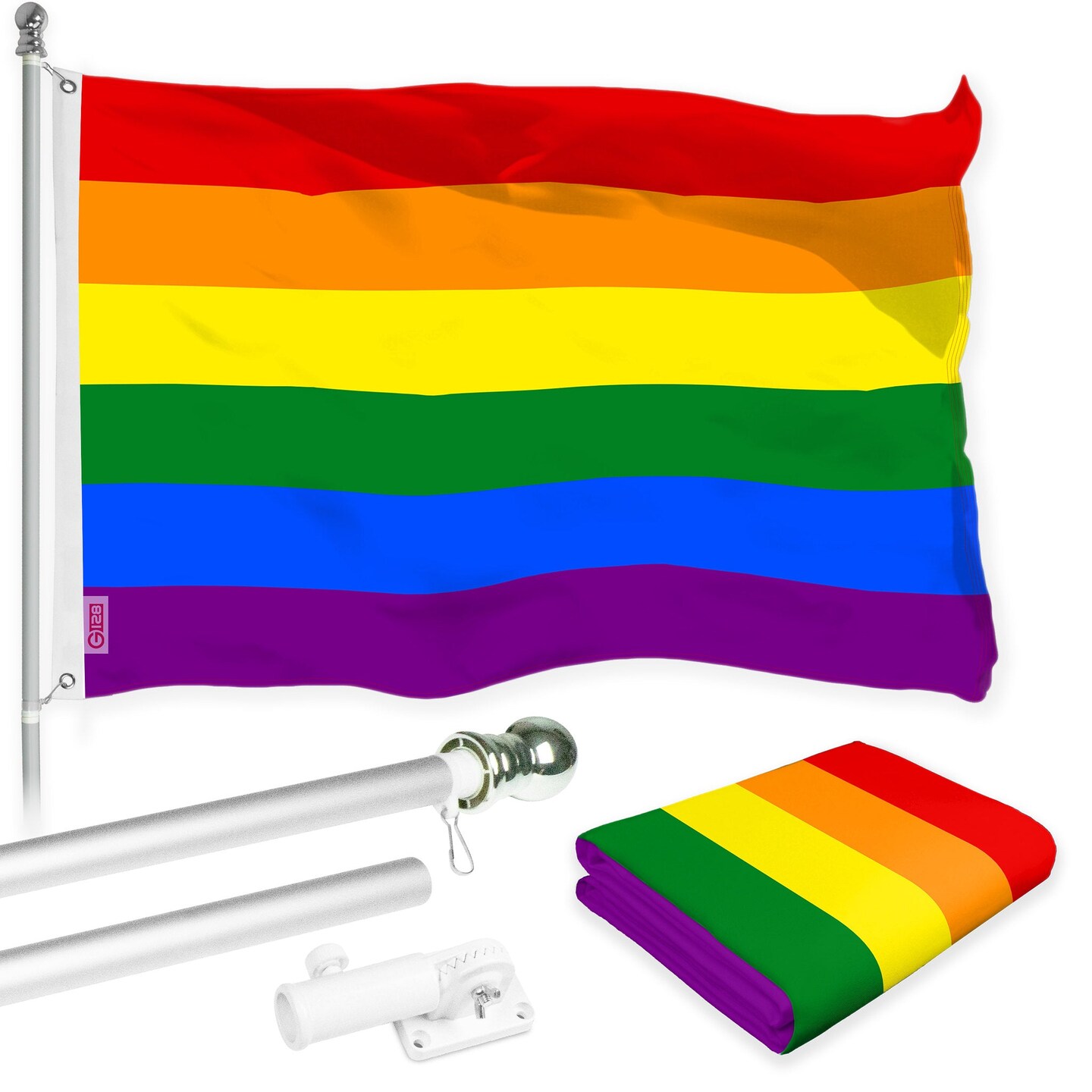 G128 Combo Pack: 6 Ft Tangle Free Aluminum Spinning Flagpole (Silver) &#x26; LGBT Rainbow Pride Flag 3x5 Ft, LiteWeave Pro Series Printed 150D Polyester | Pole with Flag Included