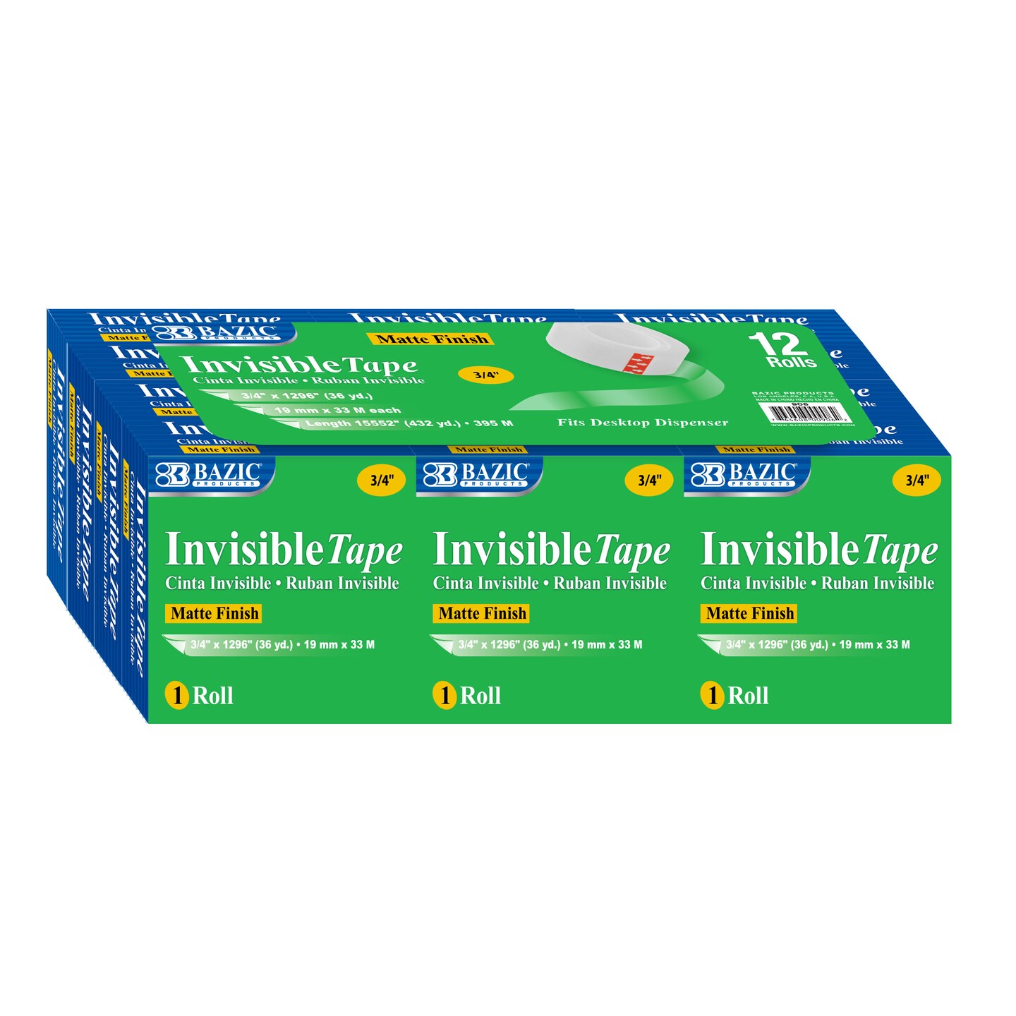 BAZIC Invisible Tape Refill 3/4&#x22; X 1296&#x22; (12/Pack)