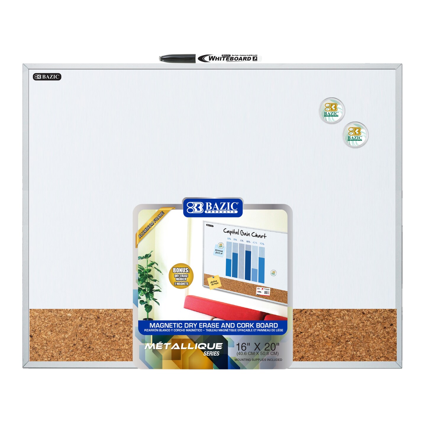 BAZIC METALLIQUE Aluminum Framed Magnetic Dry Erase/Cork Combo Board 16" X 20"