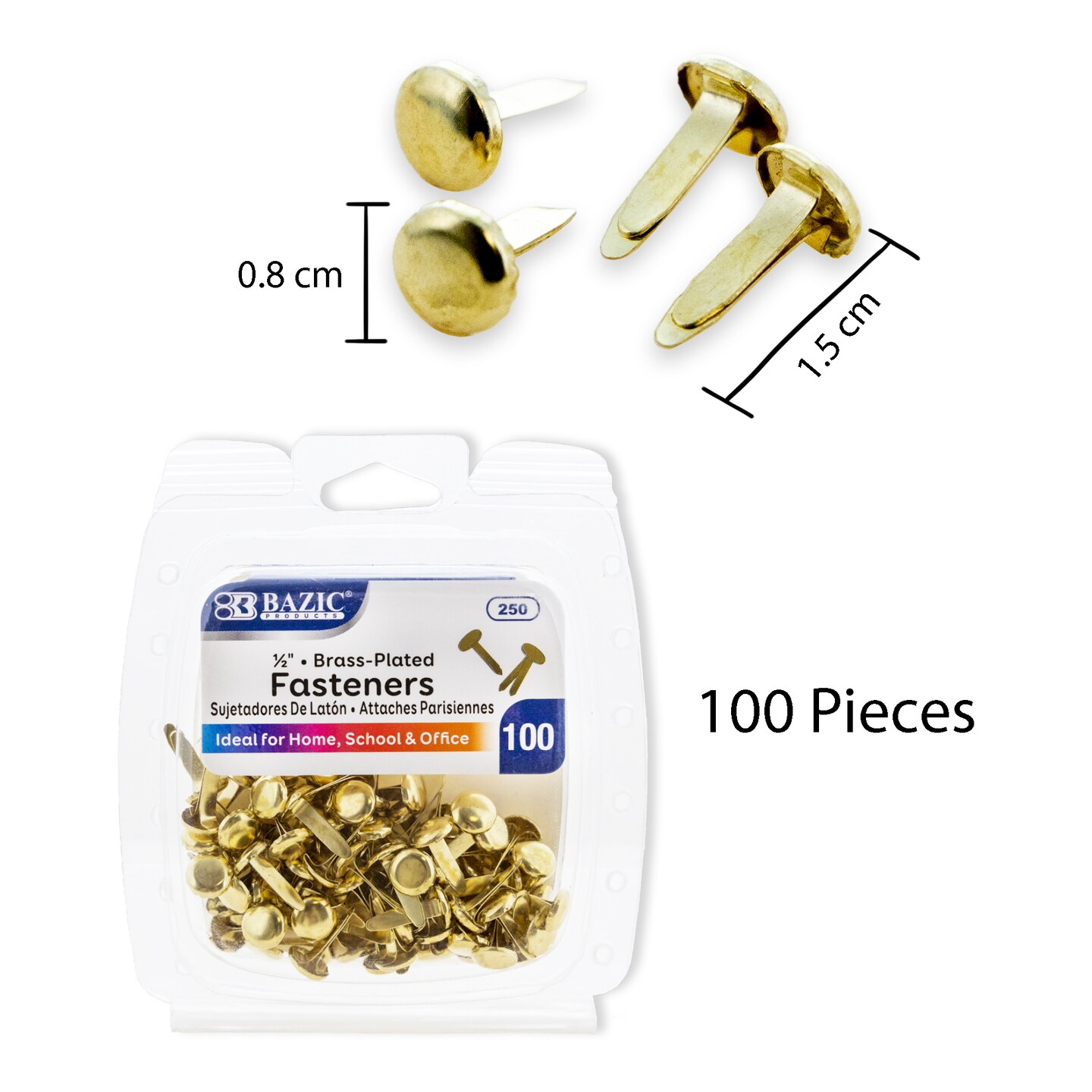 BAZIC 1/2&#x22; Brass Plated Fastener (100/Pack)
