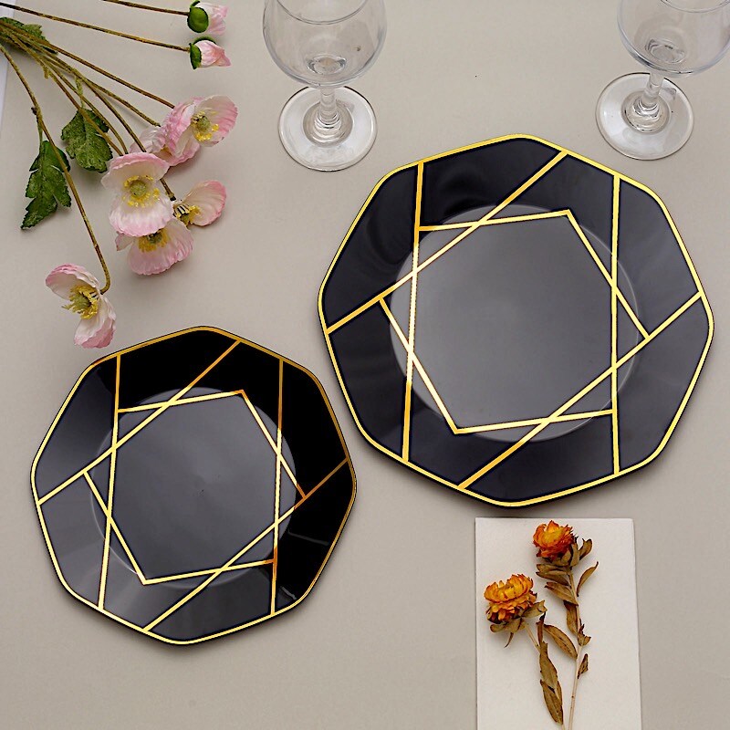 10&#x22; Octagon Dinner PLASTIC PLATES Gold Geometric Disposable