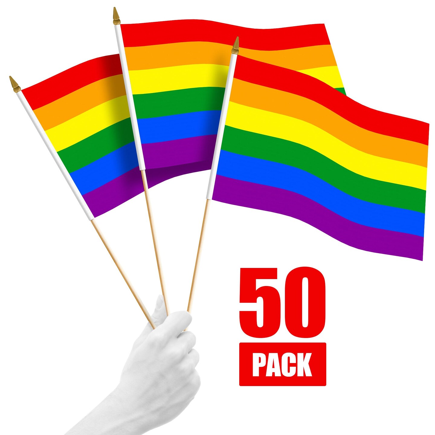 G128 50 Pack Handheld LGBT Rainbow Pride Stick Flags | 12x18 In | Printed 150D Polyester, Country Flag, Solid Wooden Stick, Spear Gold Tip