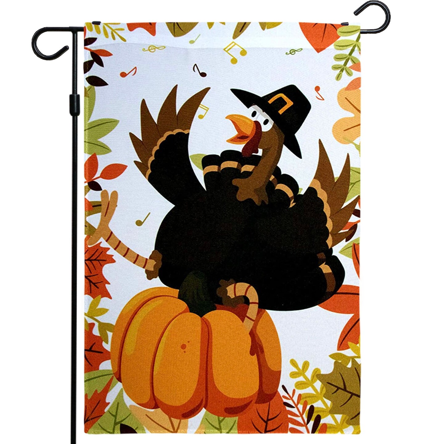 G128 - Home Decorative Thanksgiving Garden Flag, Joyful Pilgrim Turkey with Pumpkin and Maple Leaves Decorations,  | 12x18 Inch | Printed 150D Polyester - Rustic Holiday Seasonal Outdoor Flag