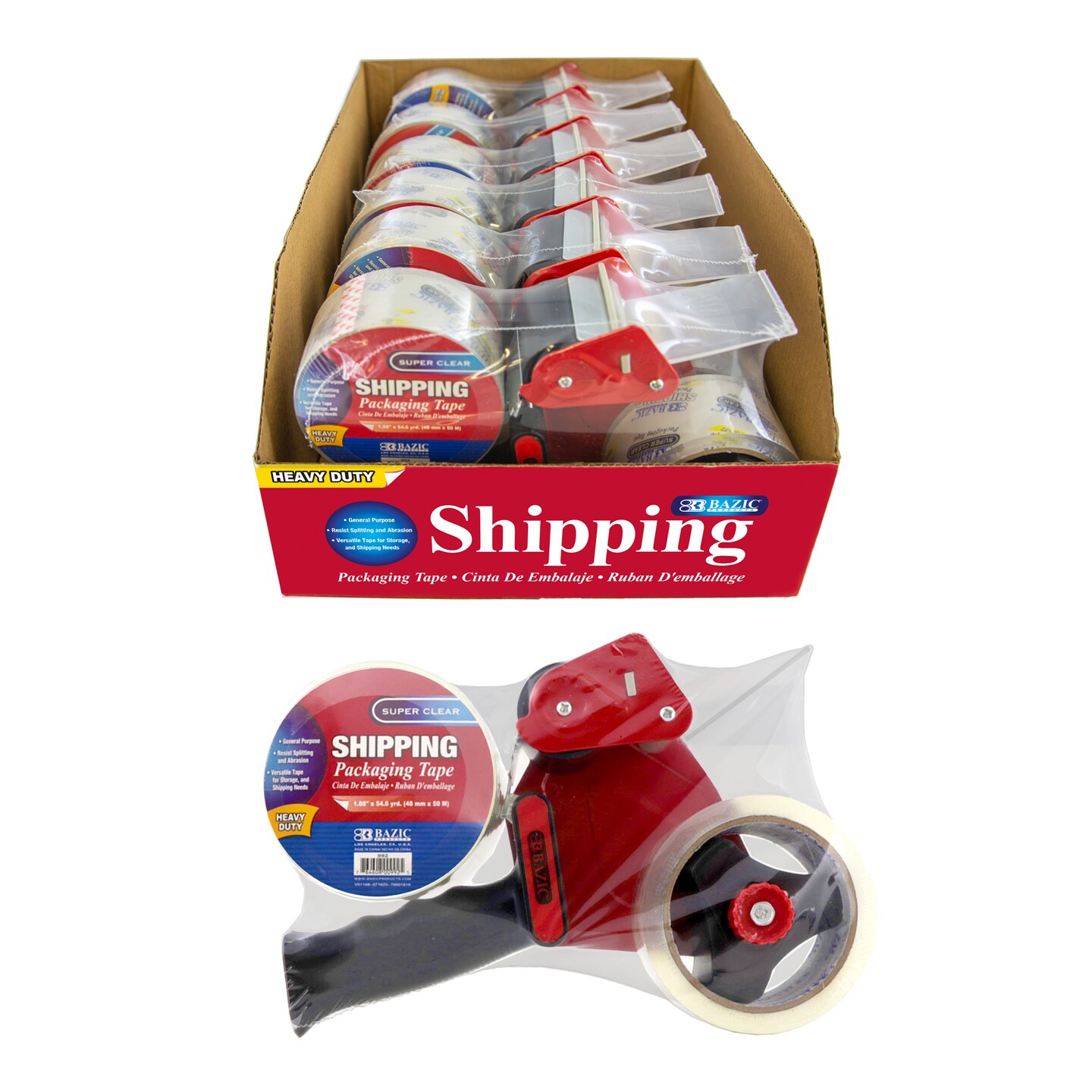 BAZIC Packaging Tape Dispenser w/ (2) 1.88&#x22; X 54.6 Yards Super Clear Tape