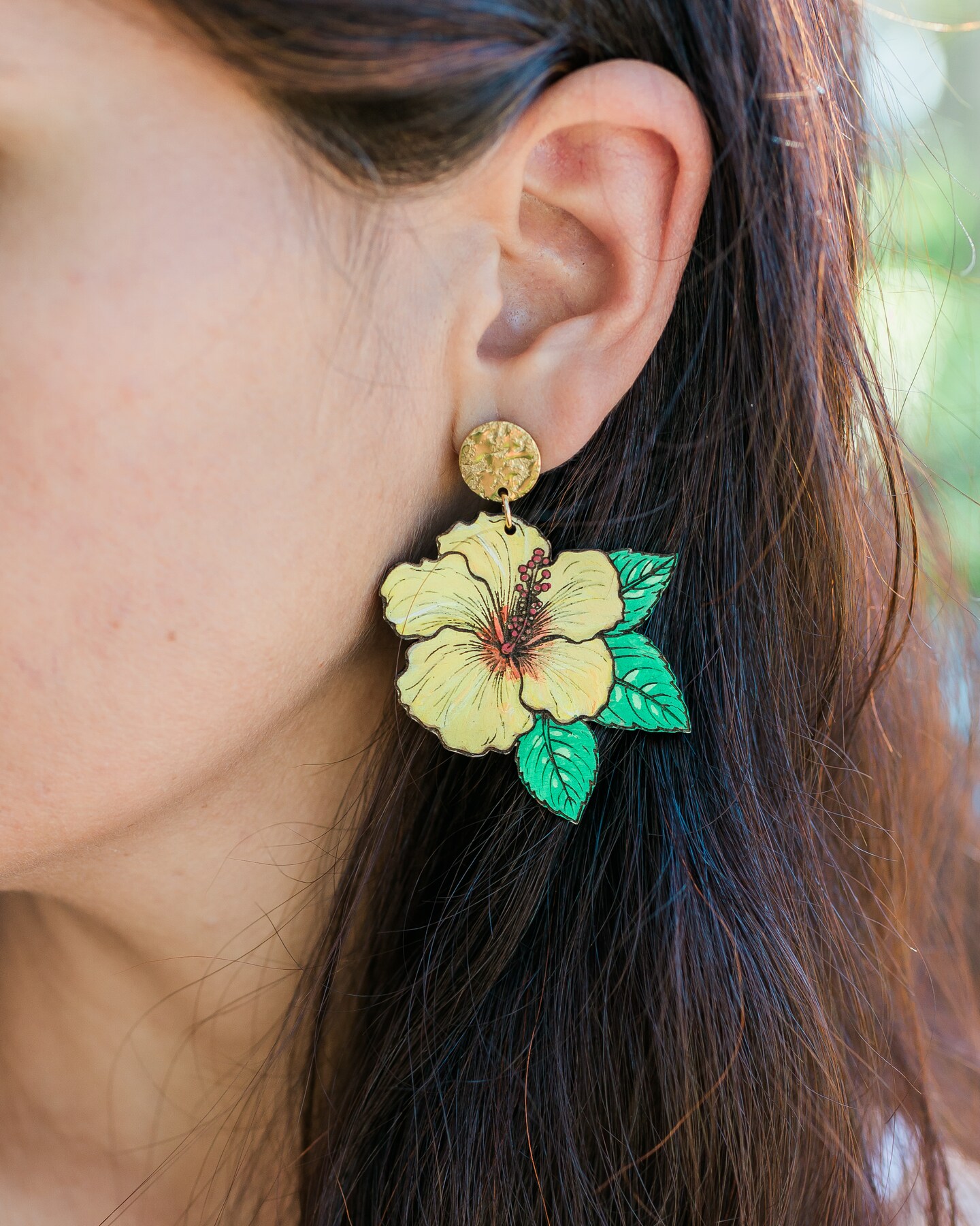 Hibiscus flower hand painted earrings. Spring and summer tropical
