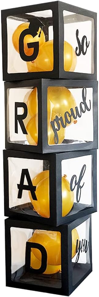 Balloons Boxes Grad So Proud of You Graduations 2024 for Graduation Party Decorations Supplies for Indoor/Outdoor Home Door Décor 4 Pcs Black Balloons Transparent Boxes(NO Balloons)