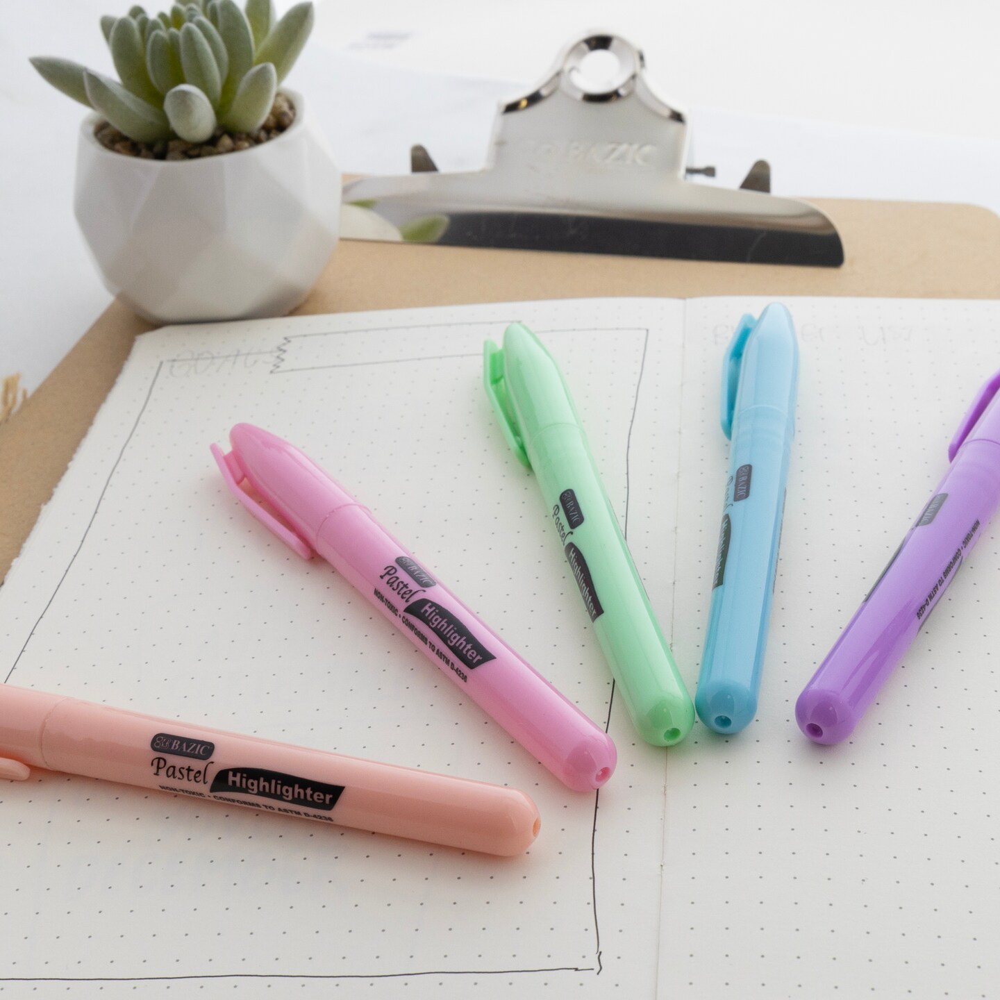 BAZIC Pen Style Pastel Assorted Colors Highlighter w/ Pocket Clip (5/Pack)