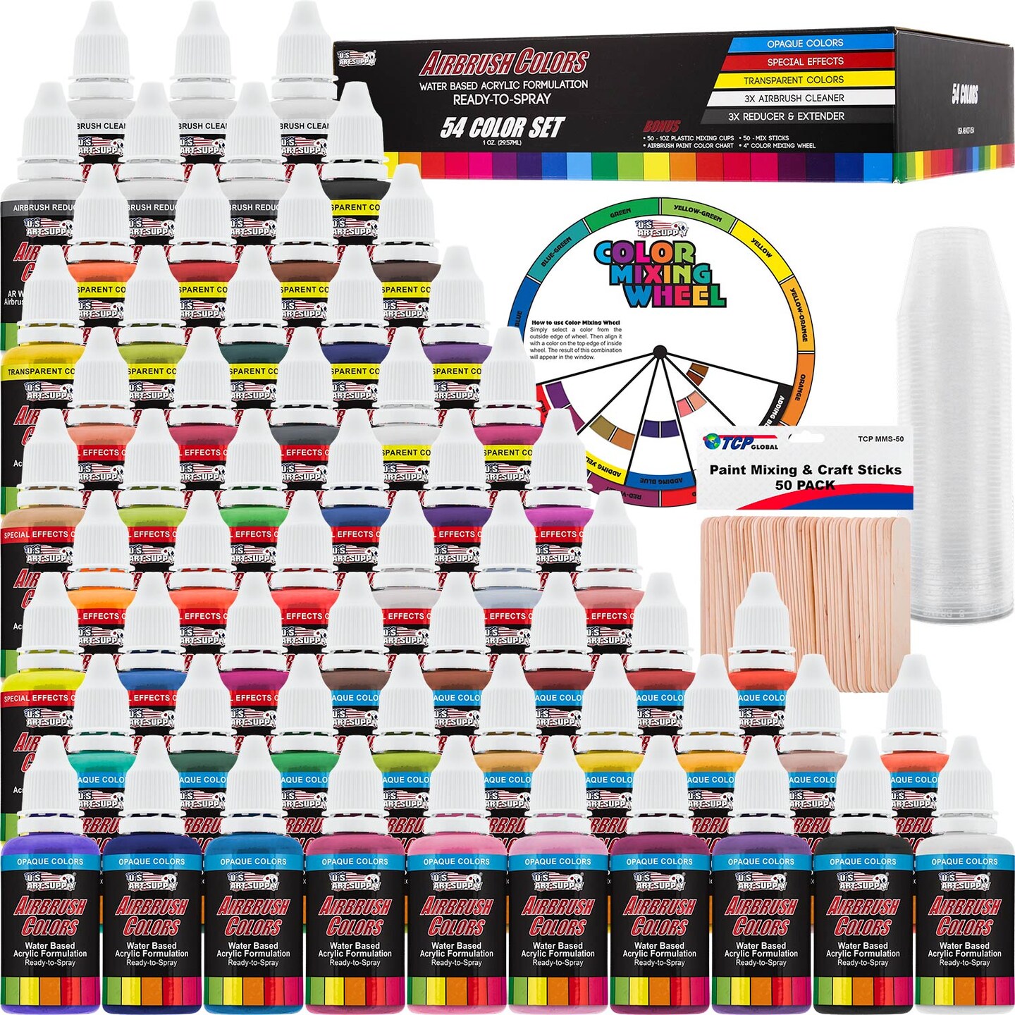 54 Color Acrylic Airbrush Paint Set; Opaque, Transparent, Pearl and Fluorescent Colors plus Reducer, Cleaner, Mixing Supplies &#x26; Color Mixing Wheel