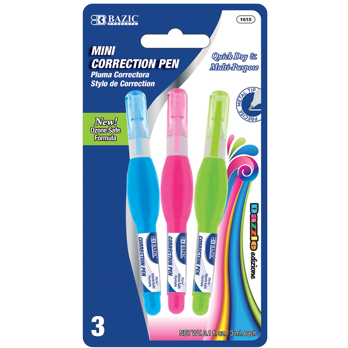 BAZIC Correction Pen Metal Tip Mini, 0.1 FL OZ (3 mL)(3/Pack)